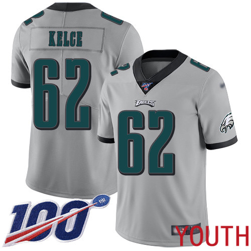 Youth Philadelphia Eagles #62 Jason Kelce Limited Silver Inverted Legend NFL Jersey 100th Season Football->youth nfl jersey->Youth Jersey